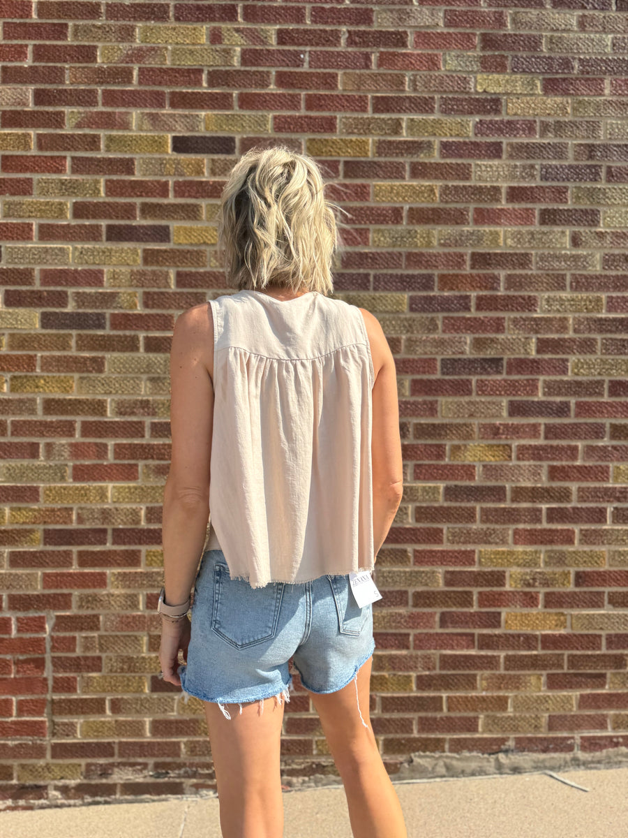 Pleat Tie Front Sleeveless Top