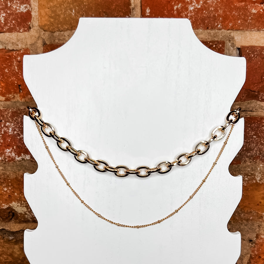 2 Strand Gold Chunky Cable & Singapore Chain Necklace
