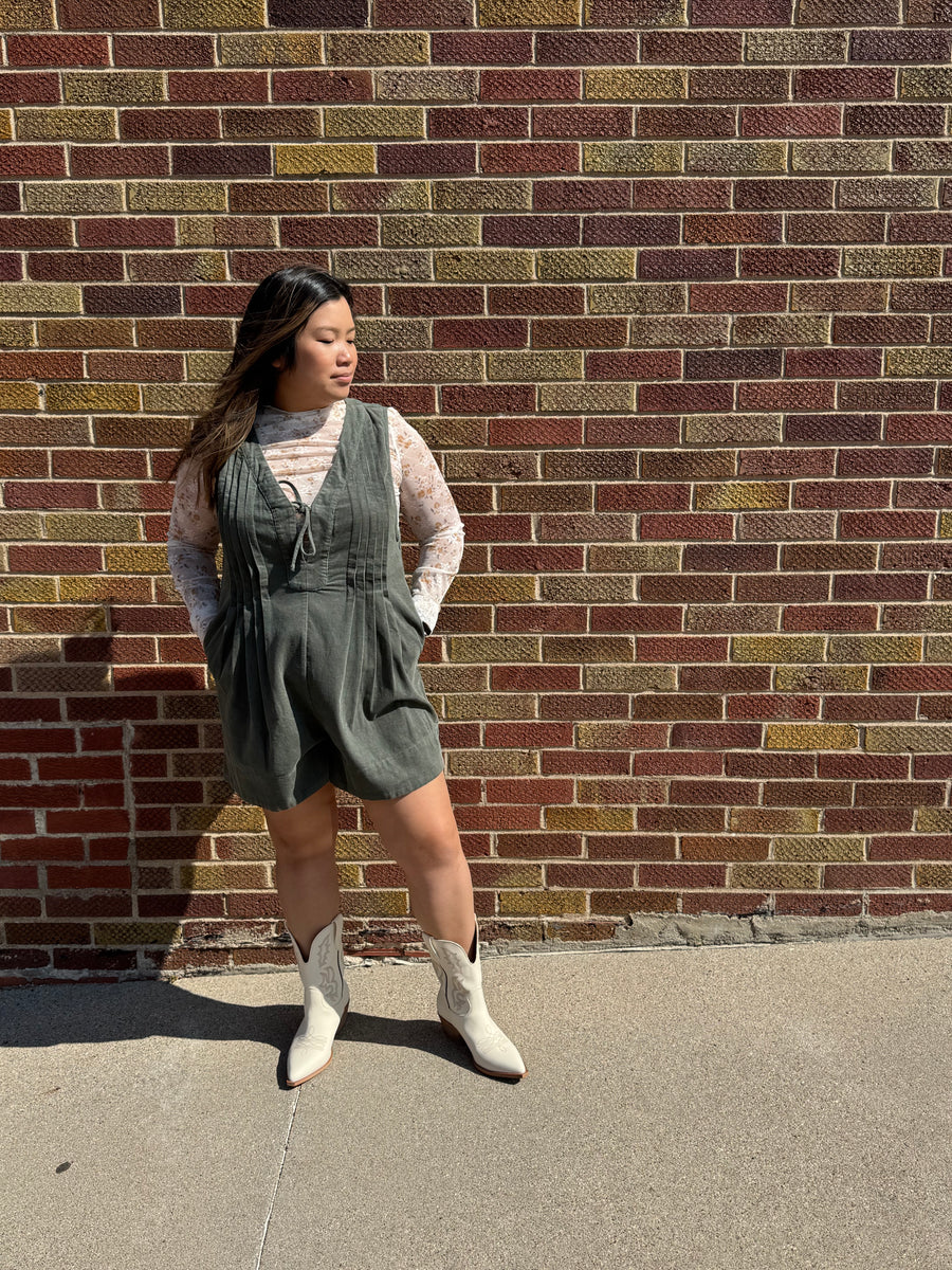 Olive Corduroy Pleated Romper