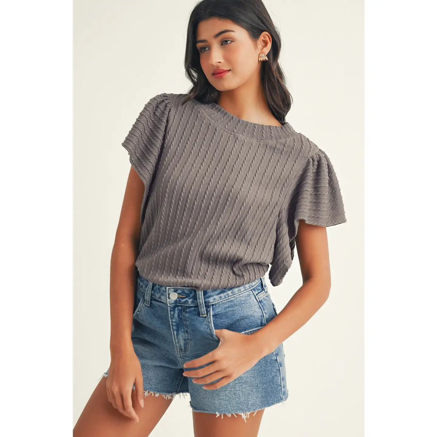 Solid Textured Flutter Sleeve Top