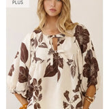 Plus Brown/Cream Floral Print Top w/Front Tie