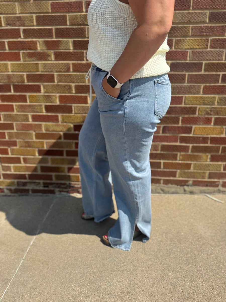 High Rise Drawstring Waistband Side Slit Wide Leg Vervet Jeans
