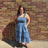 Plus Washed Denim Smocking Tiered Midi Dress