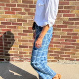 Plaid Print Drawstring Waist Wide Leg Denim Pants