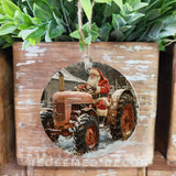 Wooden Santa on Tractor Orn 4"