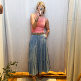 Denim Button Front Ruffle Hem Maxi Skirt