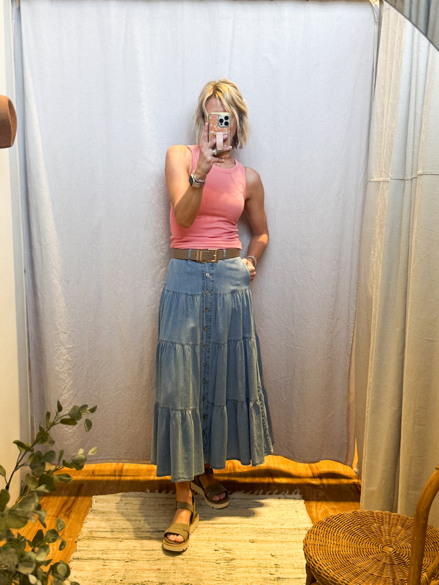 Denim Button Front Ruffle Hem Maxi Skirt