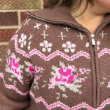 Knitted Floral Half Zip Pullover