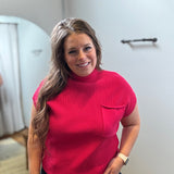 Ribbed Knit Short Sleeve Sweater w/ Pocket