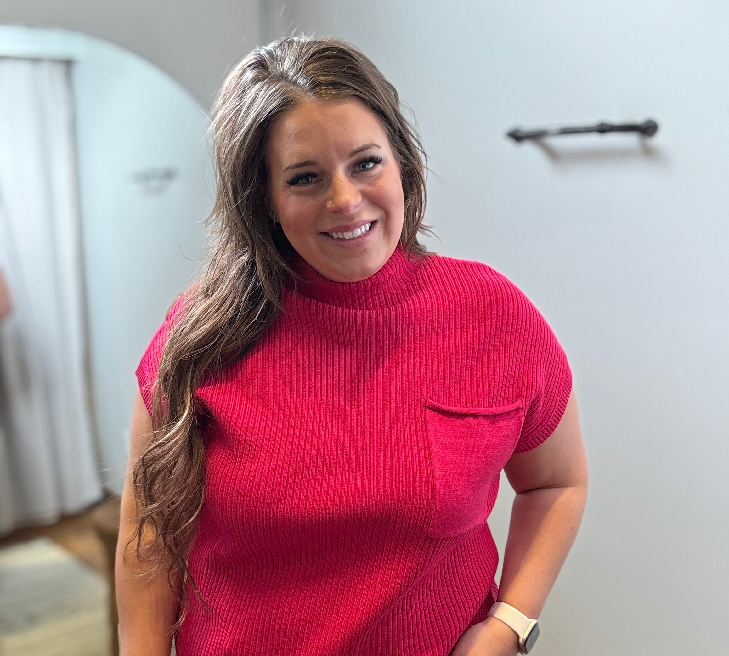 Ribbed Knit Short Sleeve Sweater w/ Pocket