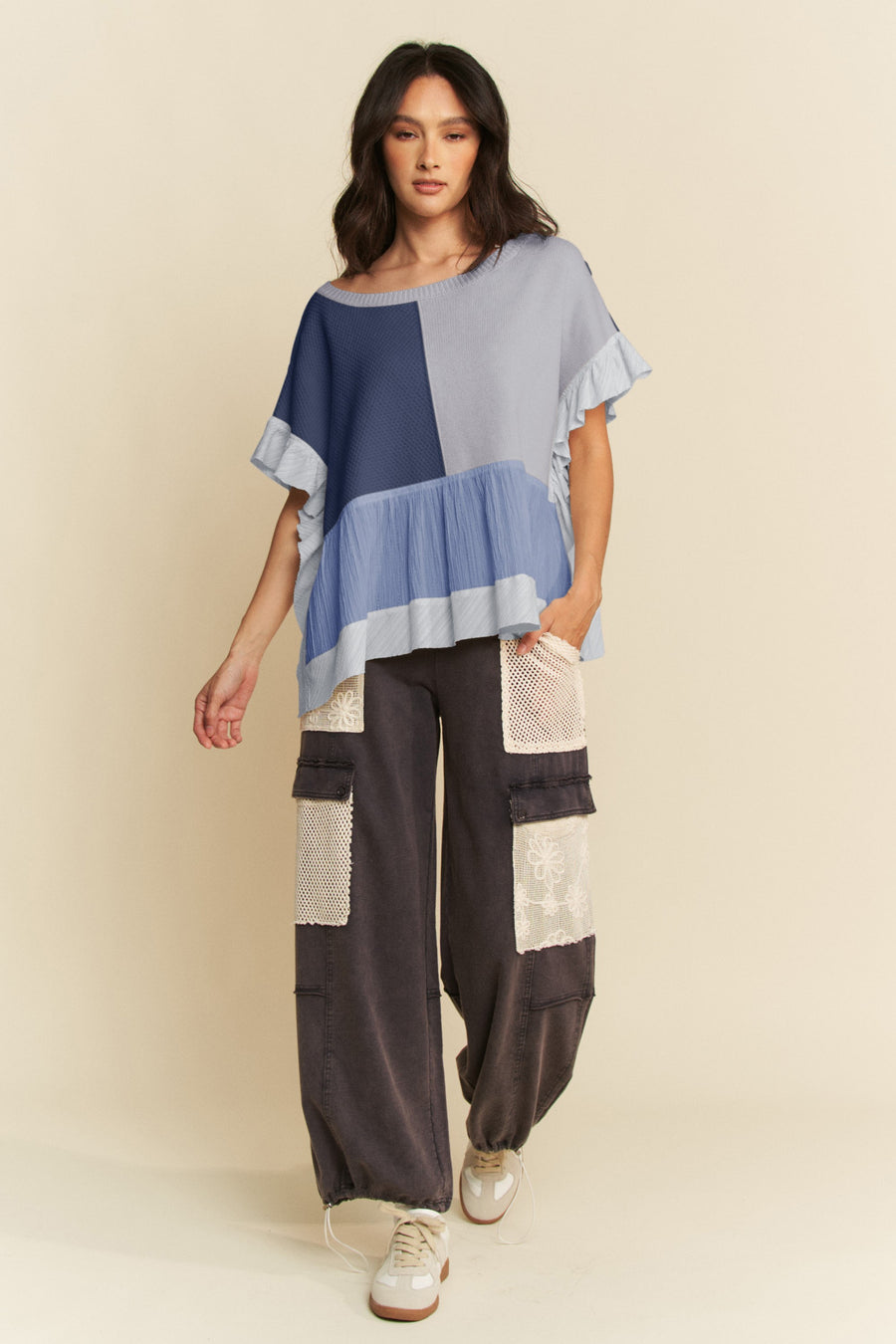 Plus Sweater Mixed Patchwork Textured Ruffle Top
