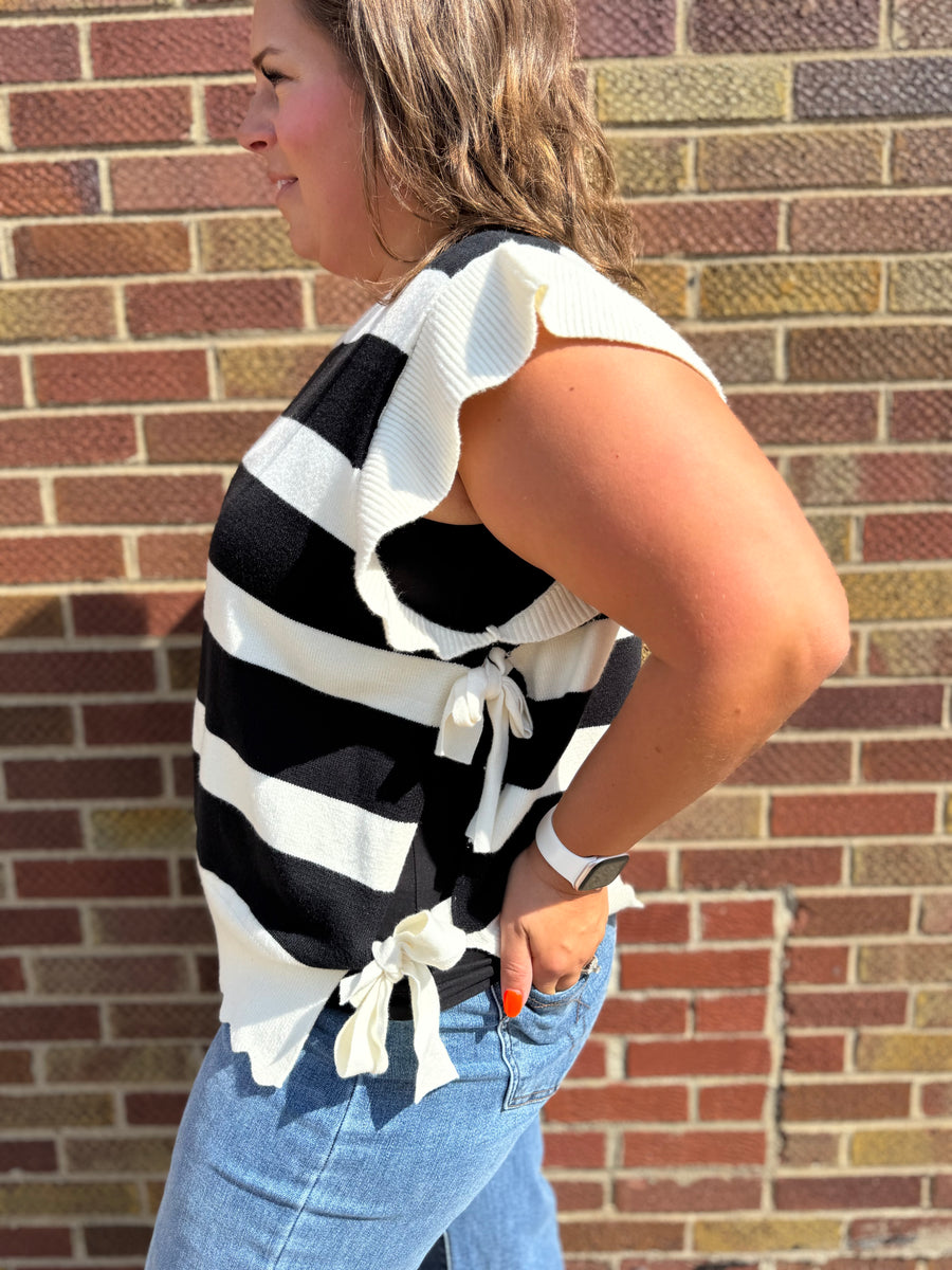 Plus Bold Stripe Sweater Top w/Ruffled Sleeve