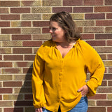 Plus Button Down Ruffle Neck Top