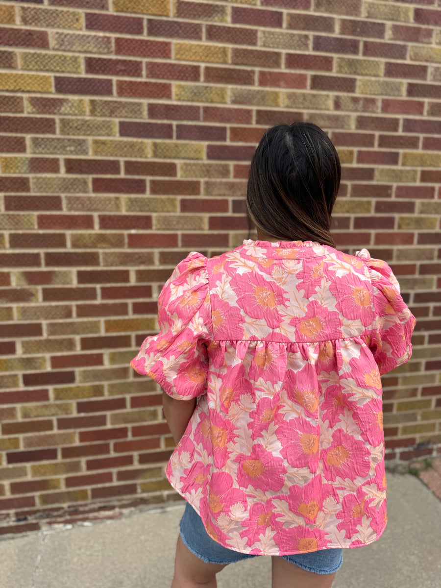 Floral Satin Babydoll Top w/Bubble Sleeve