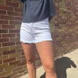 Vervet Optic White High Rise Frayed Hem Shorts