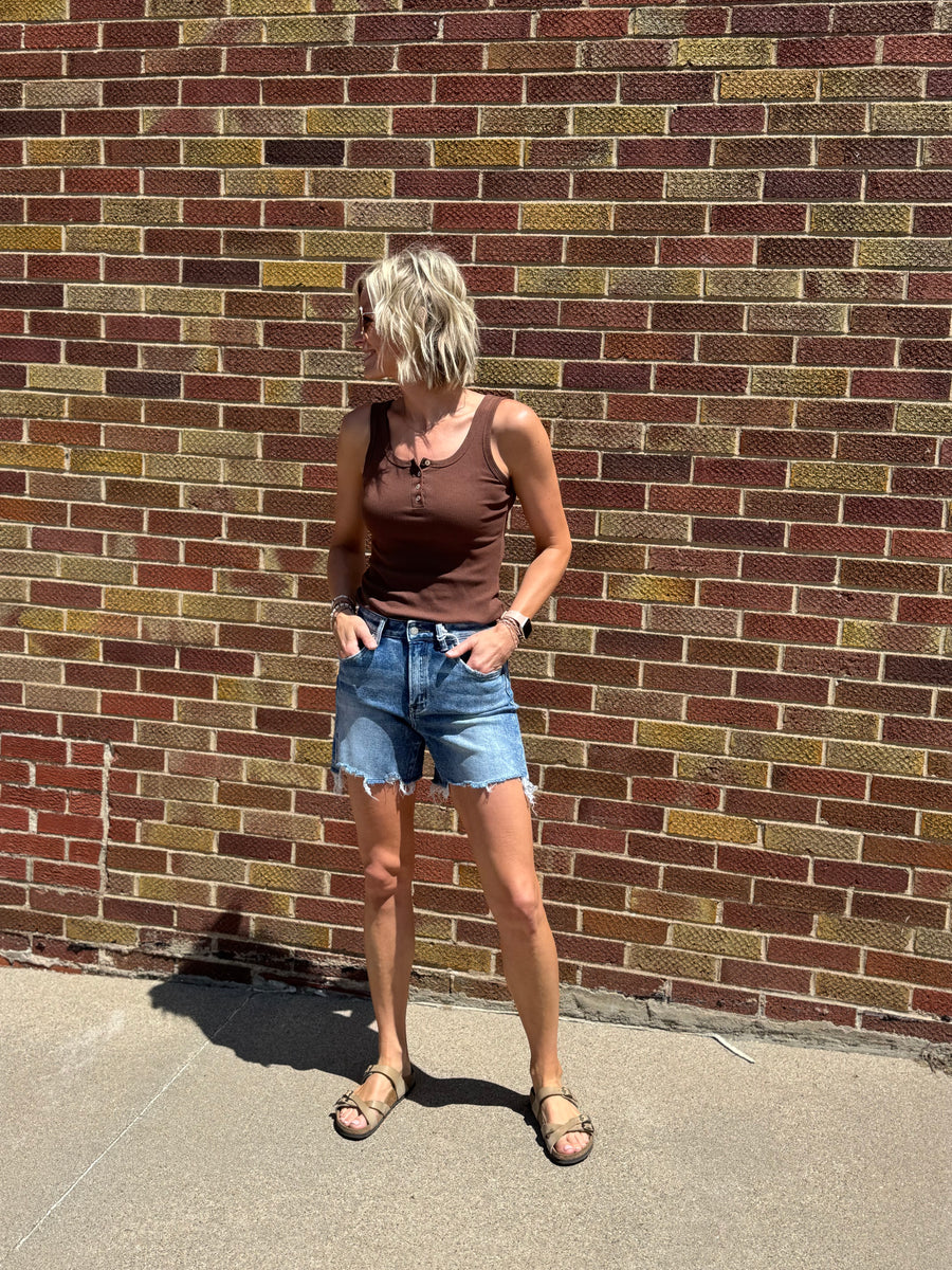 High Rise Raw Hem Boyfriend Vervet Shorts