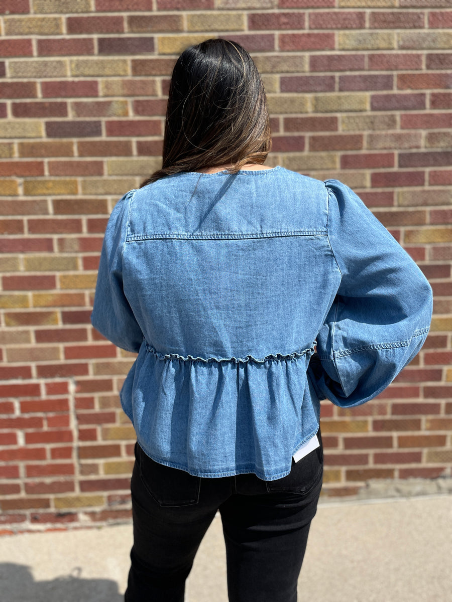 Balloon Sleeve Tie Front Denim Top