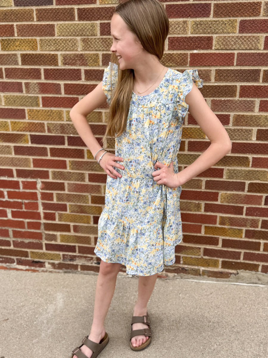 Girls Floral Ruffle Sleeve Tiered Dress