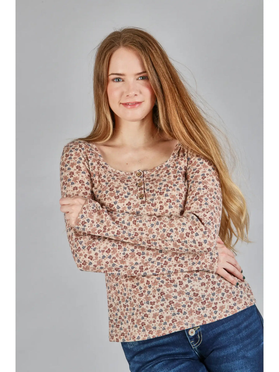 Plus Thermal Floral Button Henley LS