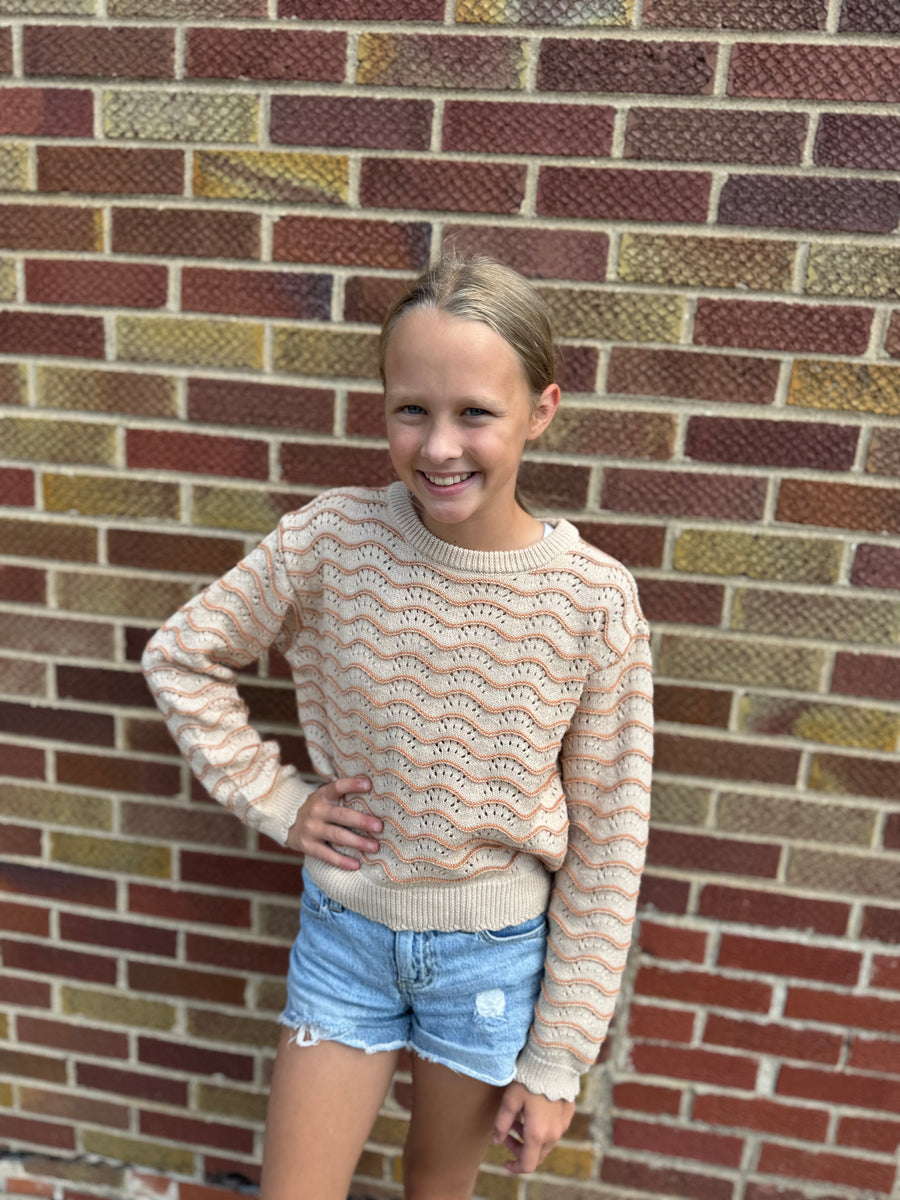 Girls Crewneck Wavy Pointelle Sweater