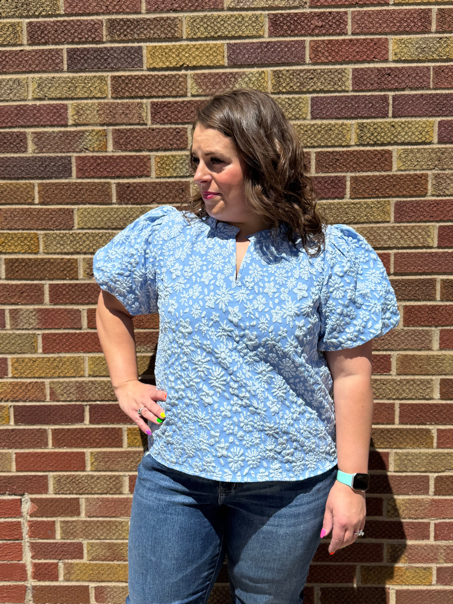 Floral Textured Balloon Sleeve Top