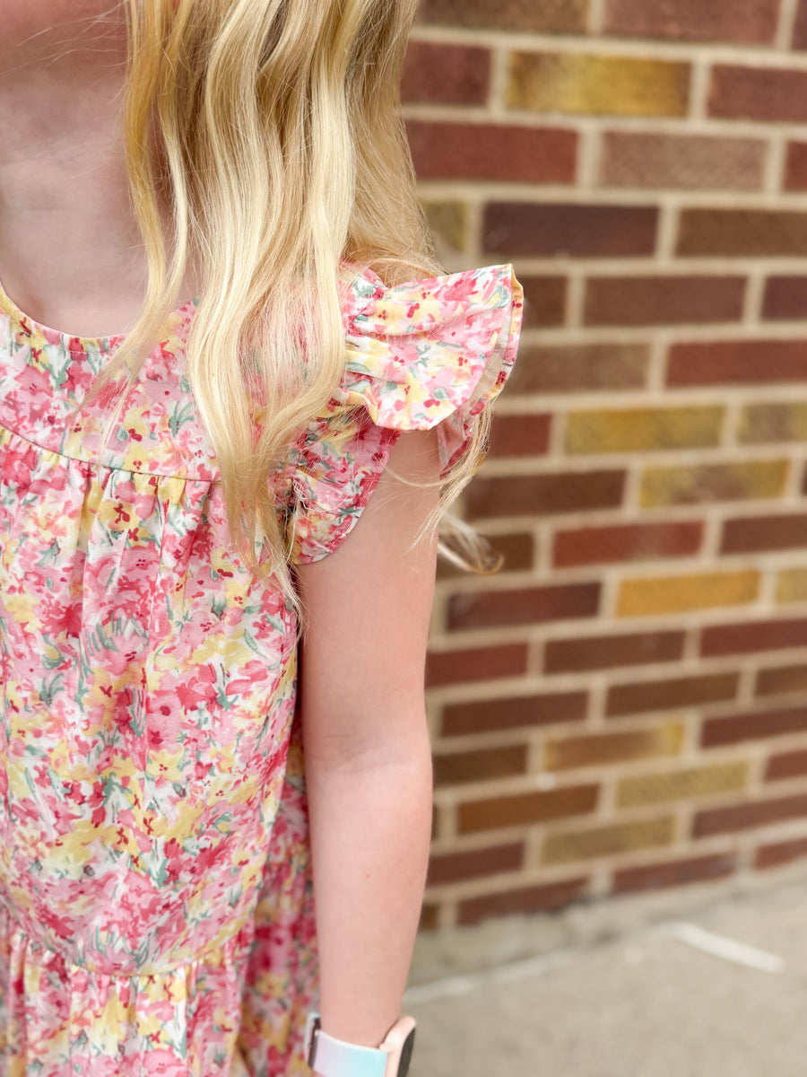 Girls Floral Ruffle Sleeve Tiered Dress