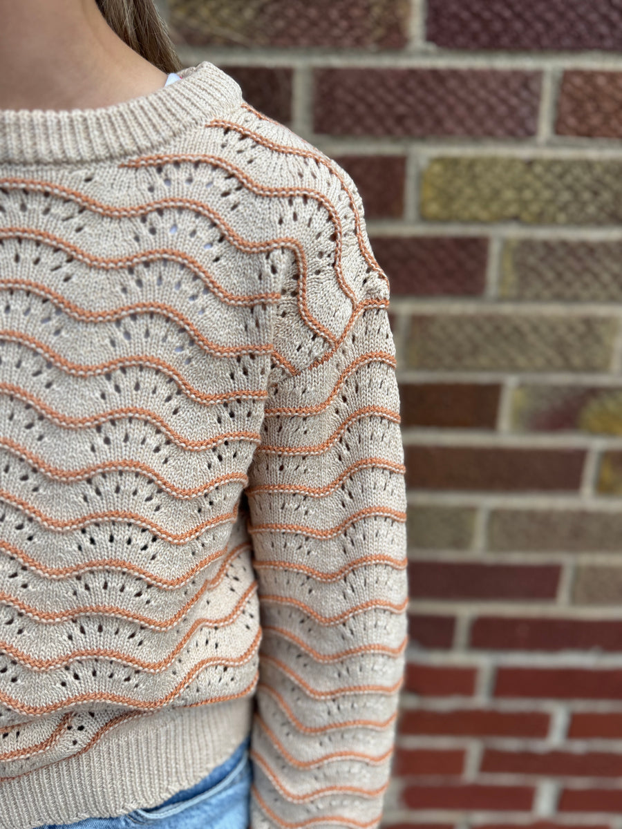 Girls Crewneck Wavy Pointelle Sweater
