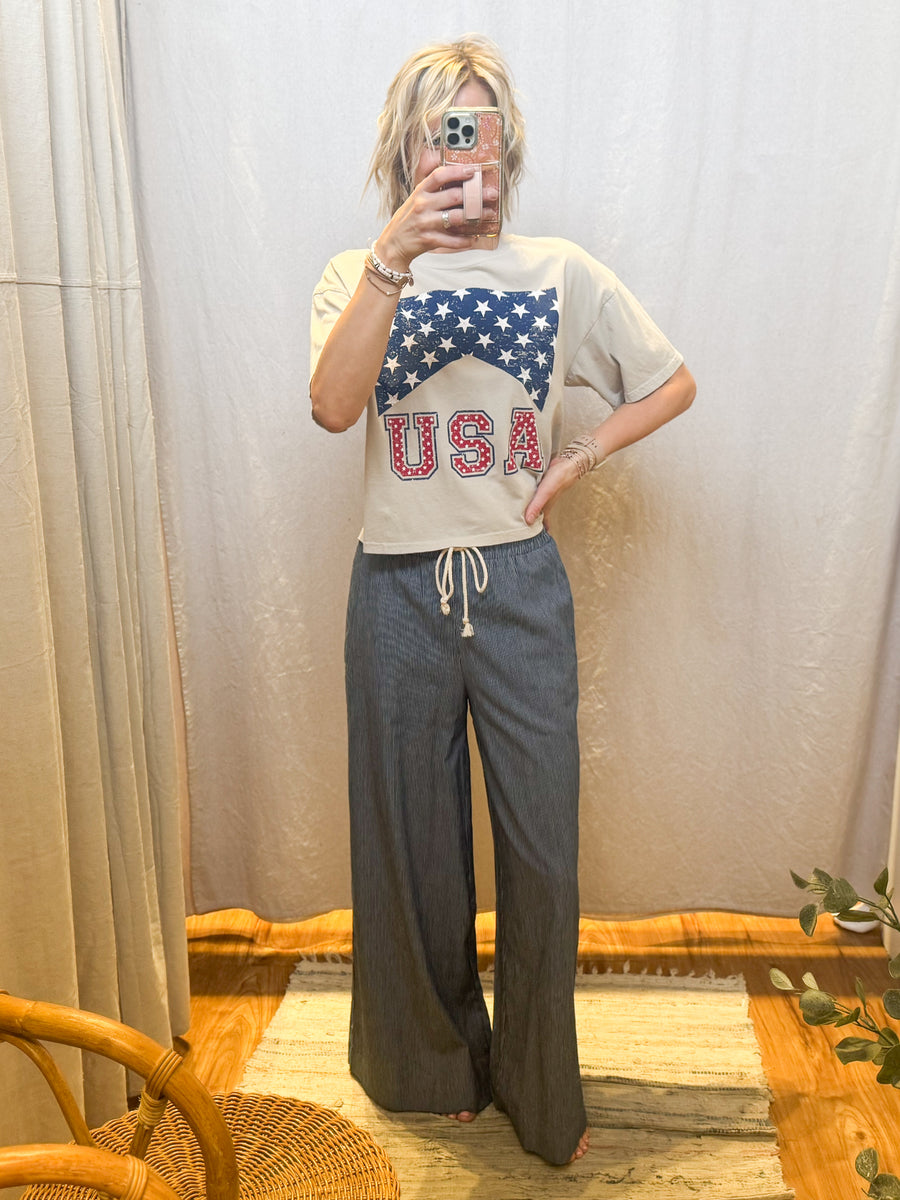 Washed Pinstripe Wide Leg Pants