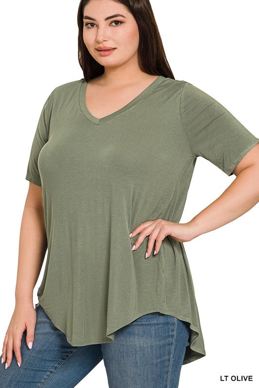 Plus Luxe SS V Neck High Low Top