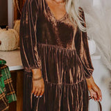 Chicory Coffee Solid Velvet Long Sleeve Tiered Dress