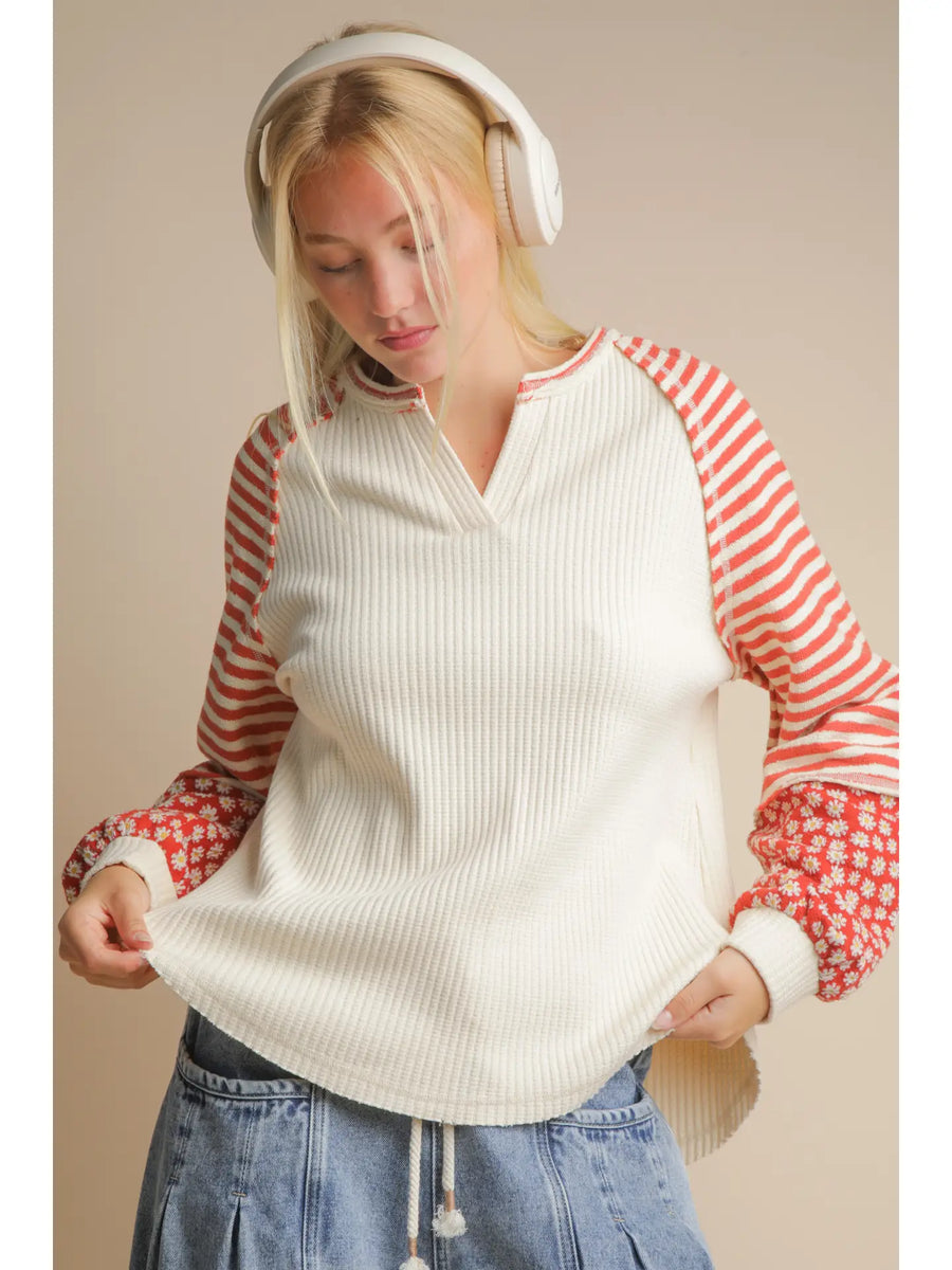 Oversized Floral & Stripe Knit Top