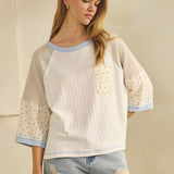 Plus Mixed Fabric Raglan Top w/Floral Detail
