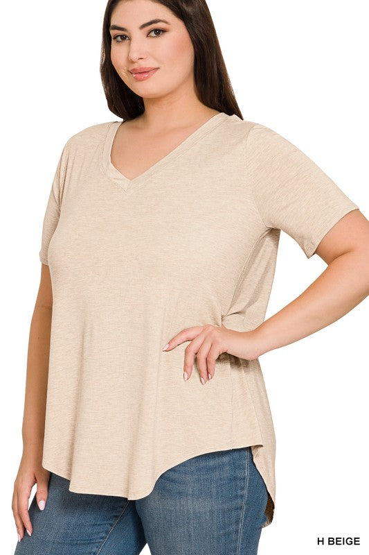 Plus Luxe SS V Neck High Low Top
