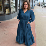 Plus Long Sleeve Split Neck Maxi Dress