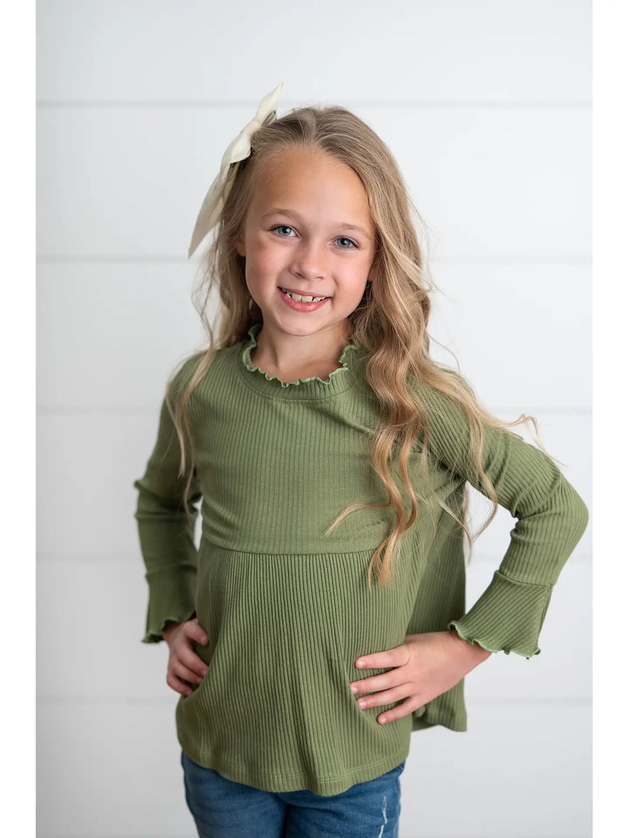 Girls Long Sleeve Lettuce Trim Top
