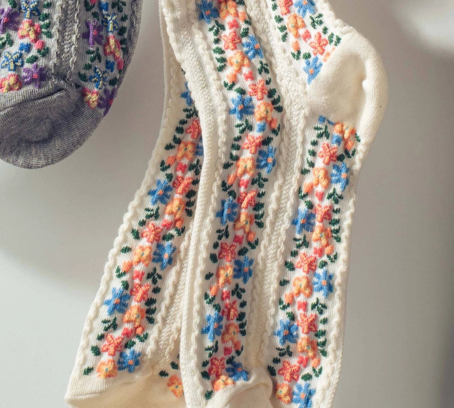 Vintage Floral Embroidered Socks