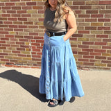 Denim Button Front Ruffle Hem Maxi Skirt