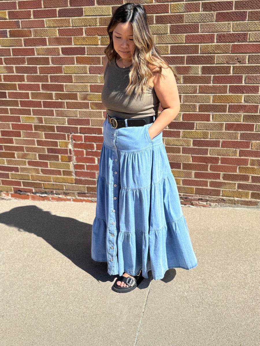 Denim Button Front Ruffle Hem Maxi Skirt