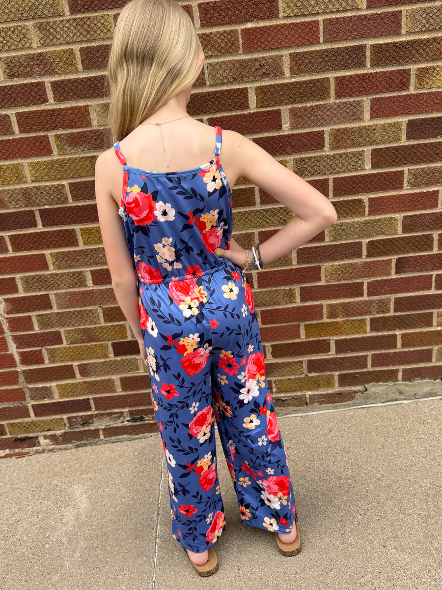 Girls Blue/Coral Floral Jumpsuit