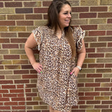Leopard Ruffle Sleeve Dress w/Wave Trim