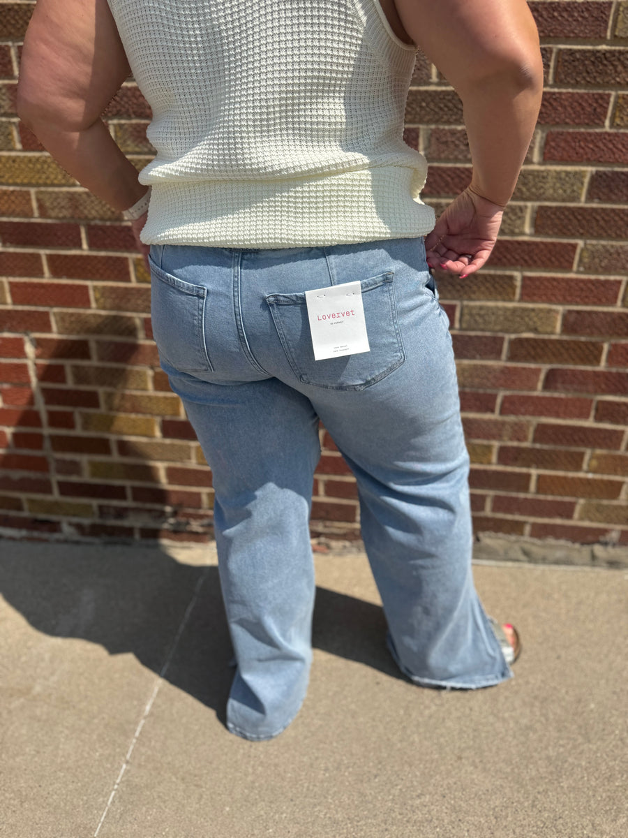 High Rise Drawstring Waistband Side Slit Wide Leg Vervet Jeans