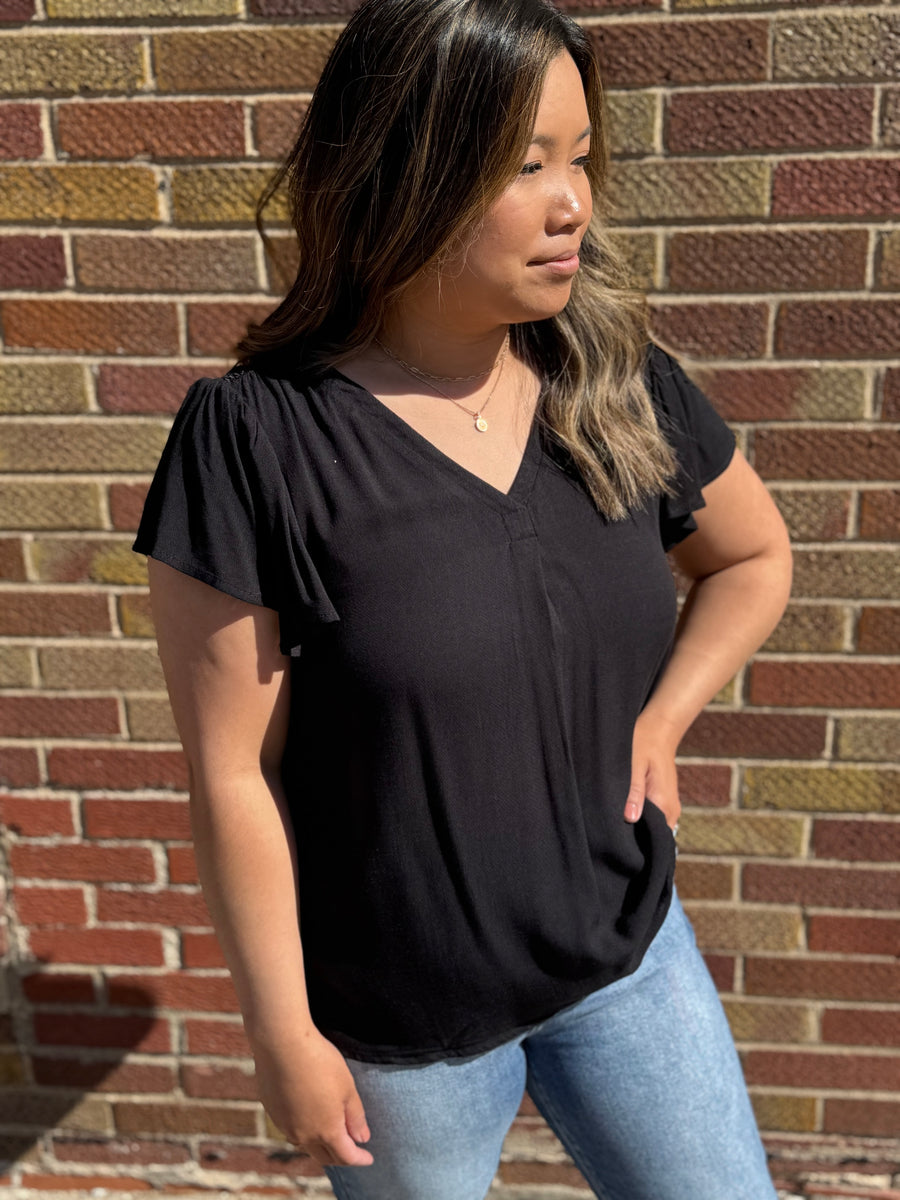Folded V-Neck Ruffled Sleeve Top