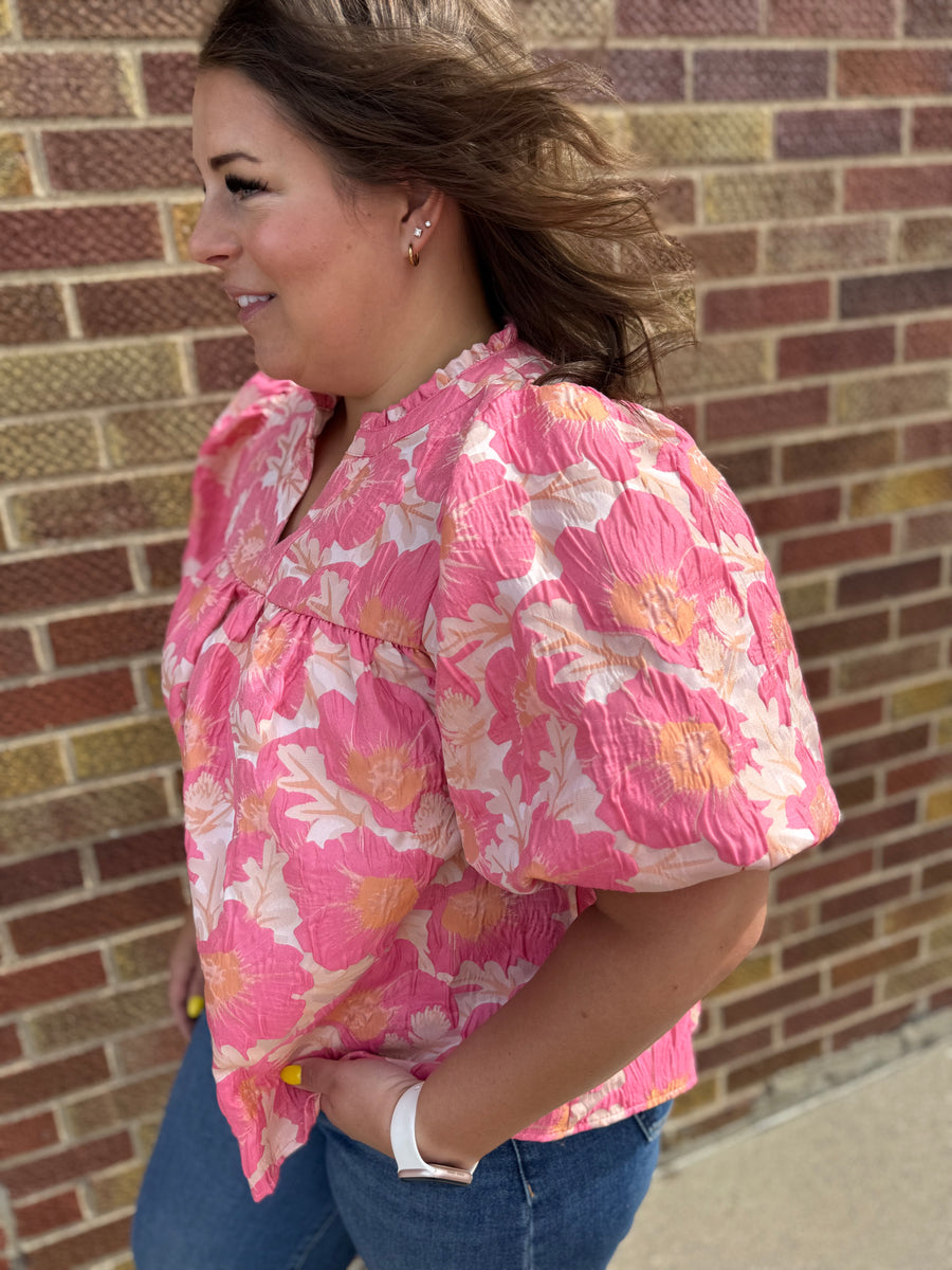 Plus Floral Satin Babydoll Top w/Bubble Sleeve