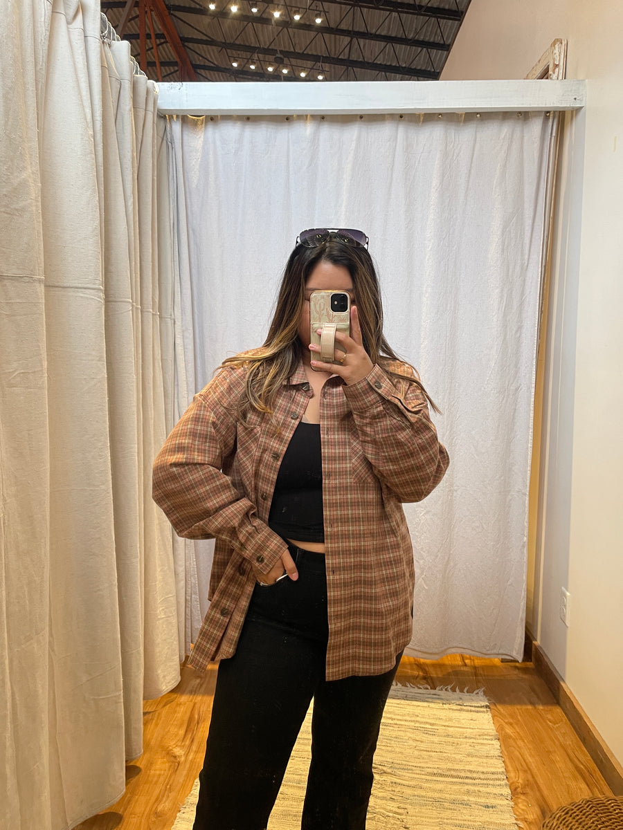 Oversized Button Down Plaid Shirt w/ Front Pockets