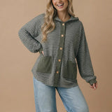 Plus Round Neck Striped Button Down Hoodie