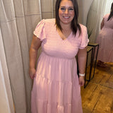 Plus Flutter Sleeve V Neck Smocked Midi Dress