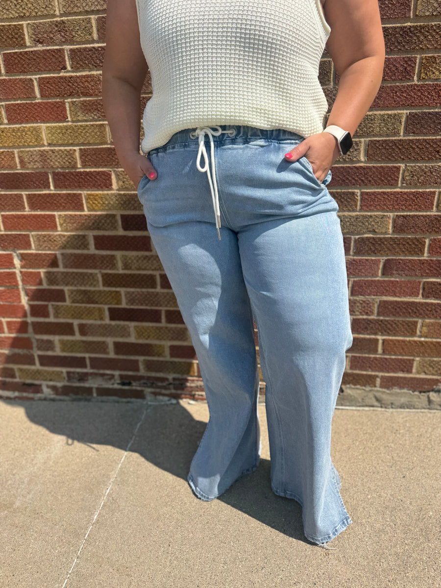 High Rise Drawstring Waistband Side Slit Wide Leg Vervet Jeans