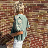 Solid Peplum Top w/Puff Embroidered Sleeve
