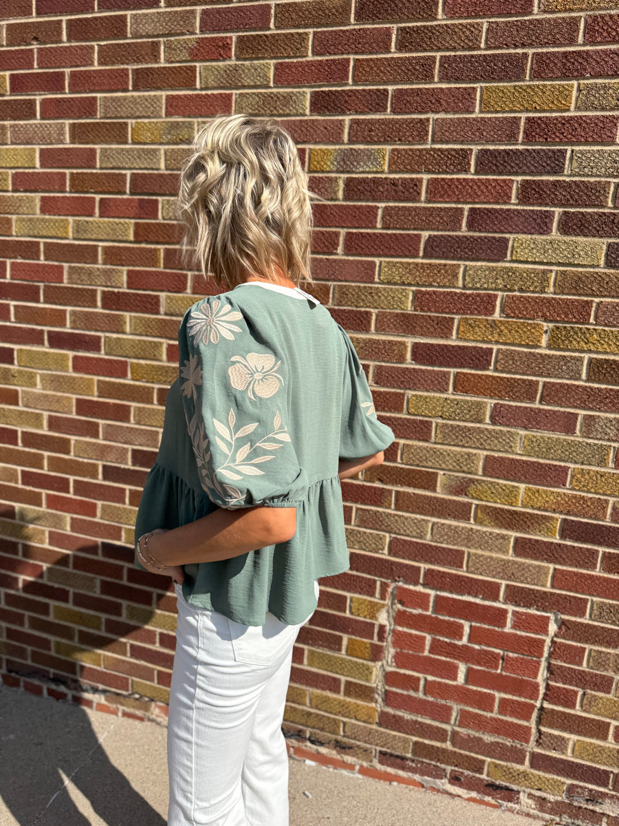 Solid Peplum Top w/Puff Embroidered Sleeve