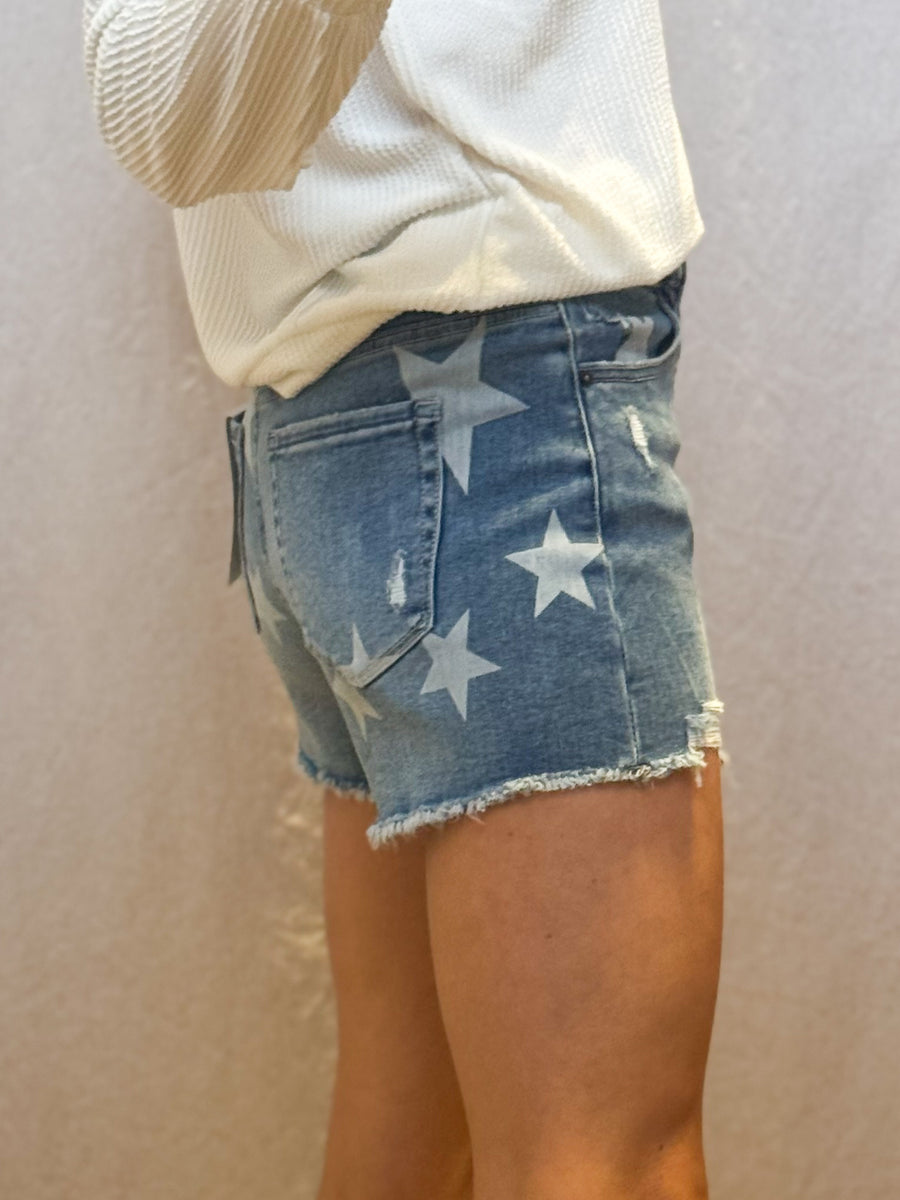 High Rise Star Distressed Mica Shorts